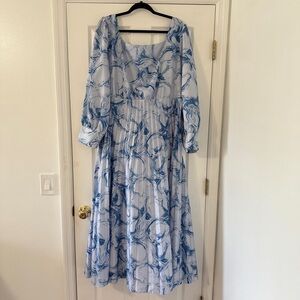 Blue and White Midi Sundress with Bishop Sleeves and Square Neck